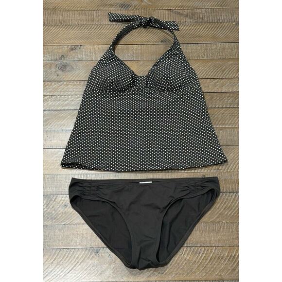 Lands End Halter Tankini Swim Suit Brown Polka Dot Tie Neck Solid Bottoms Size 8 - Picture 3 of 9